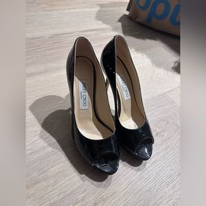 Jimmy Choo Jennica 125 Patent Leather Black Peep Toe Platform Heels Pumps